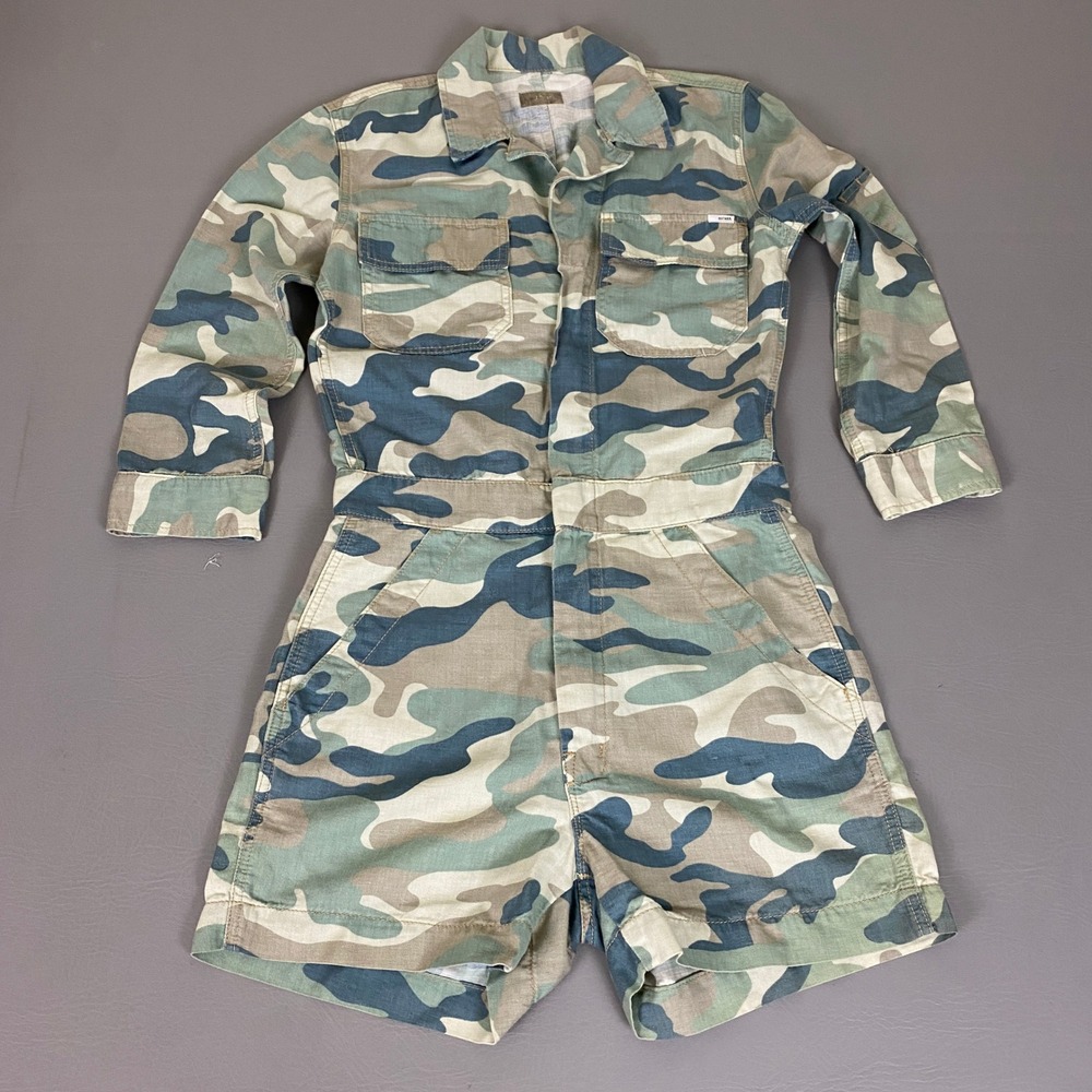 Mother Romper The Fixer Short XS Blue Green Camo Long Sleeve Utility Boilersuit